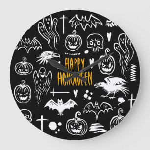 Grande Horloge Ronde Symboles d'Halloween dessinés à la main, collectio
