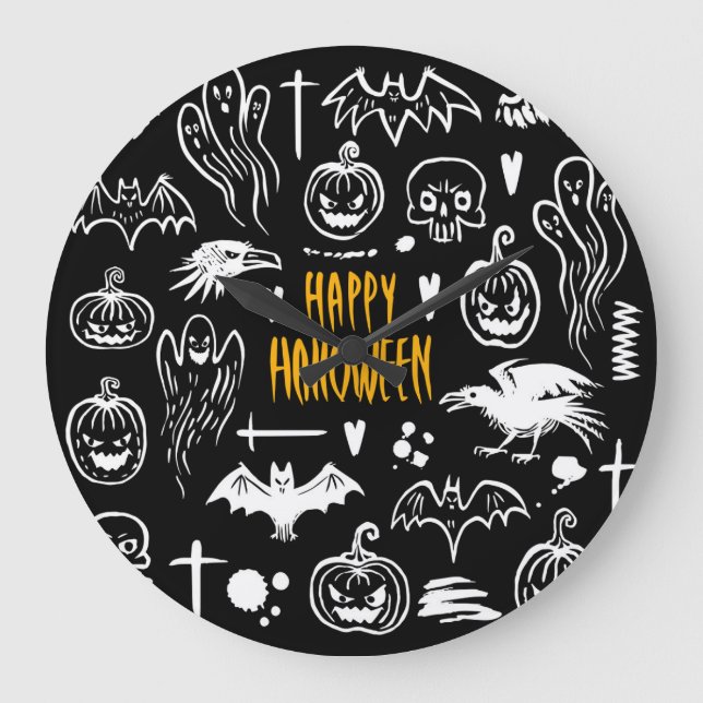 Grande Horloge Ronde Symboles d'Halloween dessinés à la main, collectio (Recto)