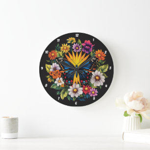 Grande Horloge Ronde Symphonie de jardin" - Papillon floral