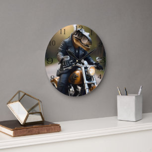 Grande Horloge Ronde T-Rex Dinosaur Bikie En Moto,