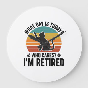 Grande Horloge Ronde T-Shirt Dessin Citation Drôle de Chat Retraité Vin
