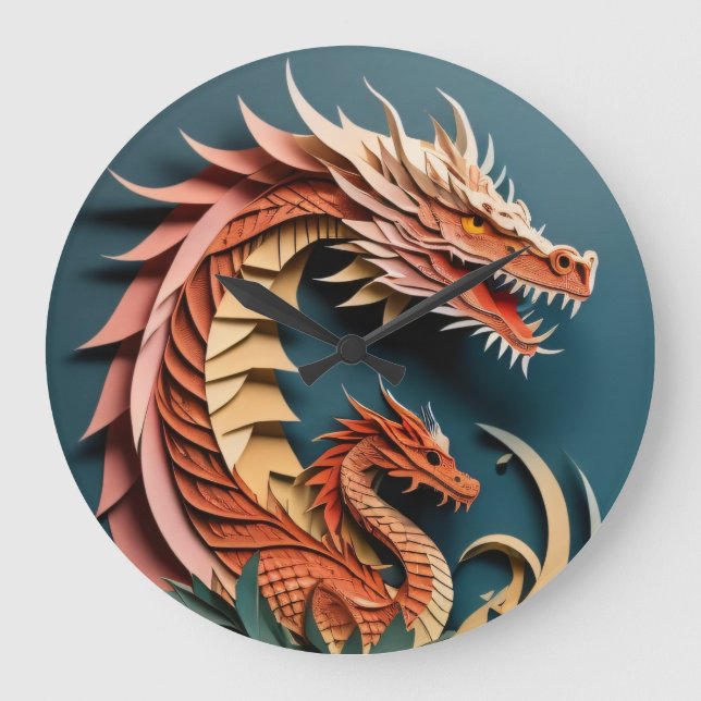 Grande Horloge Ronde T-shirt Dragon 3D Paper Art Design (Recto)