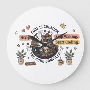 Grande Horloge Ronde T-shirt drôle de chat programmeur Manger Dormir