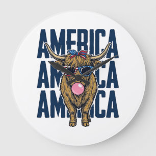Grande Horloge Ronde T-Shirt Vintage Amérique Vache Highland Patriotiqu