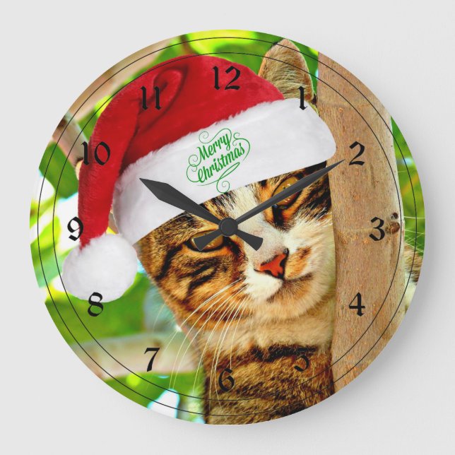 Grande Horloge Ronde Tabby de Noël dans un arbre (Recto)