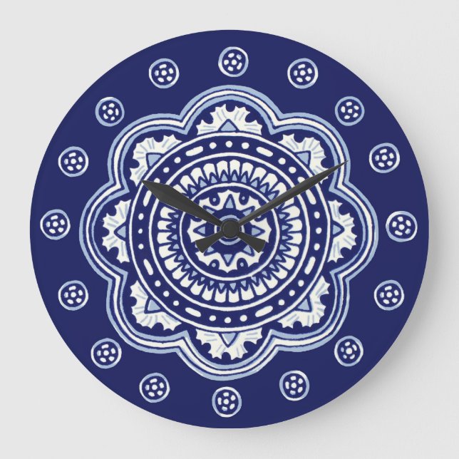 Grande Horloge Ronde Talavera bleu et blanc Cinq (Recto)