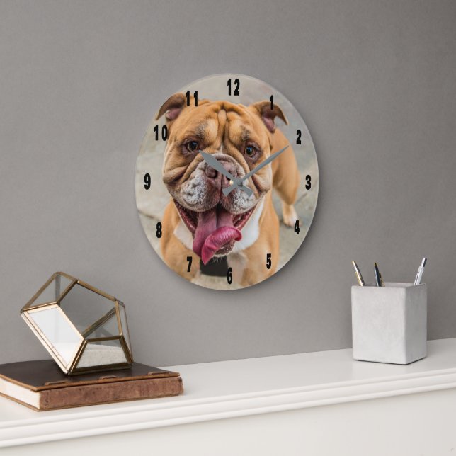 Grande Horloge Ronde Tan Happy Dog Photo (Bureau)