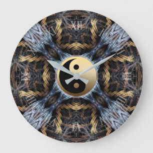 Grande Horloge Ronde Tapisserie fractale bleue or avec symbole Yin Yang