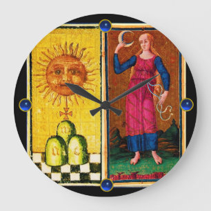 GRANDE HORLOGE RONDE TAROTS DE RENAISSANCE ANTIQUE /LE SOLEIL ET LA LUN