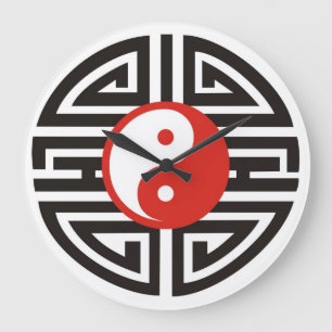 Grande Horloge Ronde Tatouage Yin & Yang - noir rouge