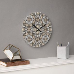 Grande Horloge Ronde Taupe Brown Gris Beige Hip Bohême Art Motif
