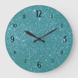 Grande Horloge Ronde Teal Blue Glitter Glam with Black Numbers