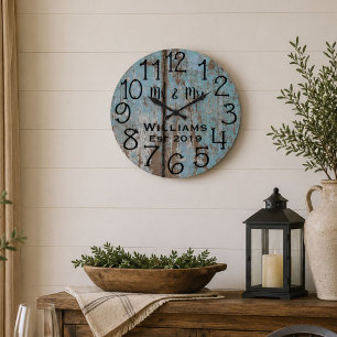 Grande Horloge Ronde Teal Personnalisé Rustique Bois en Distress Person