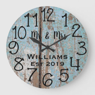 Grande Horloge Ronde Teal Personnalisé Rustique Bois en Distress Person