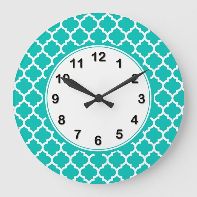 Grande Horloge Ronde Teal White Moroccan Quatrefoil Pattern #5 (Recto)