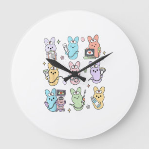 Grande Horloge Ronde Technologue échographie bonbons lapins Groovy Pâqu