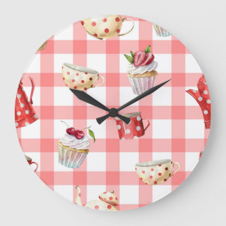 Grande Horloge Ronde Teintures d'aquarelle : Cupcakes Motif sans soudur