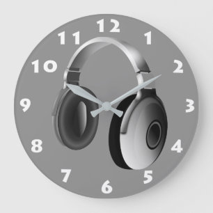 GRANDE HORLOGE RONDE TÉLÉPHONES EN TÊTE DJ NOIR ET BLANC AVEC NUMÉR