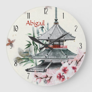 Grande Horloge Ronde Temple personnalisé, Bambou, Fleurs de cerisiers J