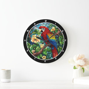 Grande Horloge Ronde Temps de canopée tropicale" - Perroquet en verre