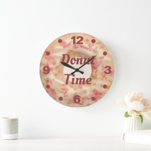 Grande Horloge Ronde Temps Donut Frosted avec des arrosages roses Fun C