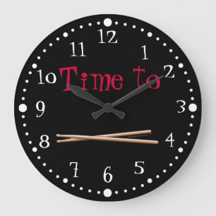 Grande Horloge Ronde Temps personnalisable pour tambour Baguettes Noir 