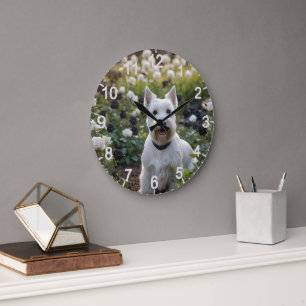 Grande Horloge Ronde Terrier écossais blanc avec Roses blancs noirs,