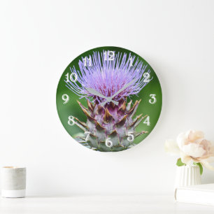Grande Horloge Ronde Tête de Chardon Artichaut Pourpre Floral