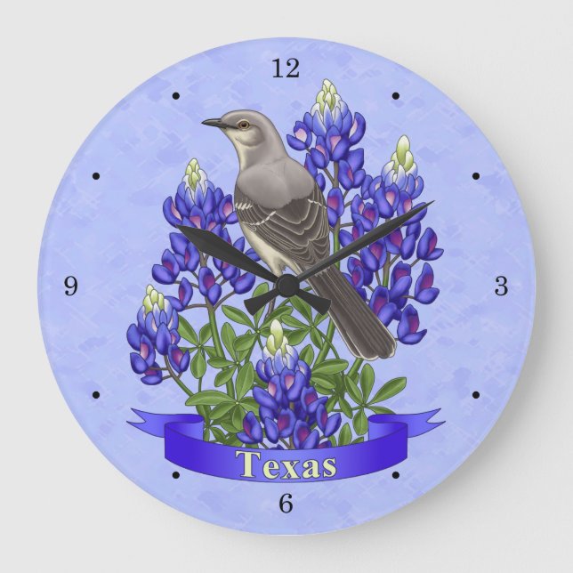 Grande Horloge Ronde Texas State Mockingbird & Bluebonnet Flower (Recto)
