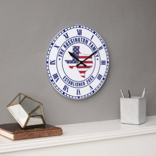 Grande Horloge Ronde Texas USA Étoiles Rayures Carte Nom de Famille Dt 