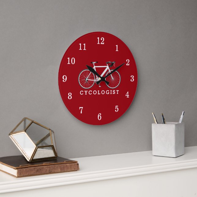 Grande Horloge Ronde Texte Cycologiste Avec Bicyclette Blanche (Bureau)
