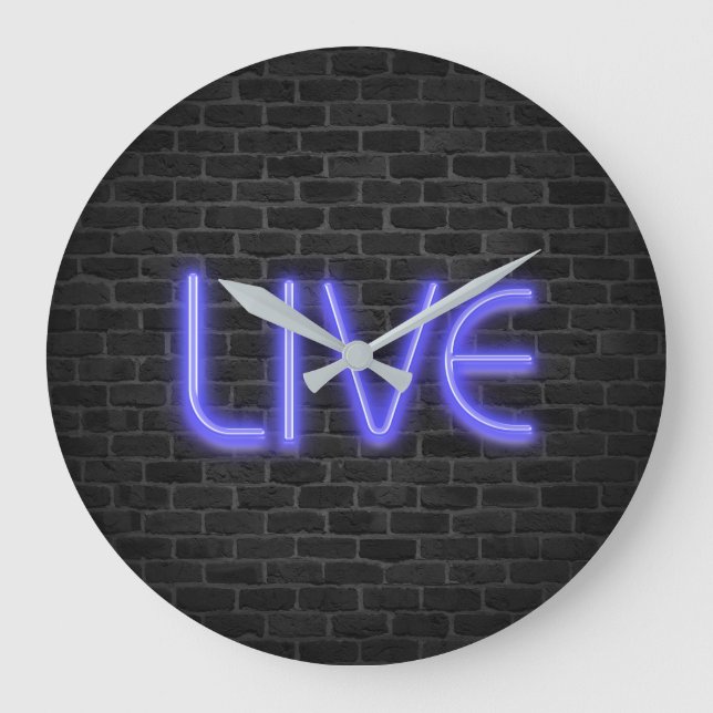 Grande Horloge Ronde Texte LIVE en néon lumières sur brique (Recto)