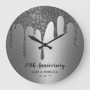 Grande Horloge Ronde Texte personnalisé Silver Drips 25e anniversaire d