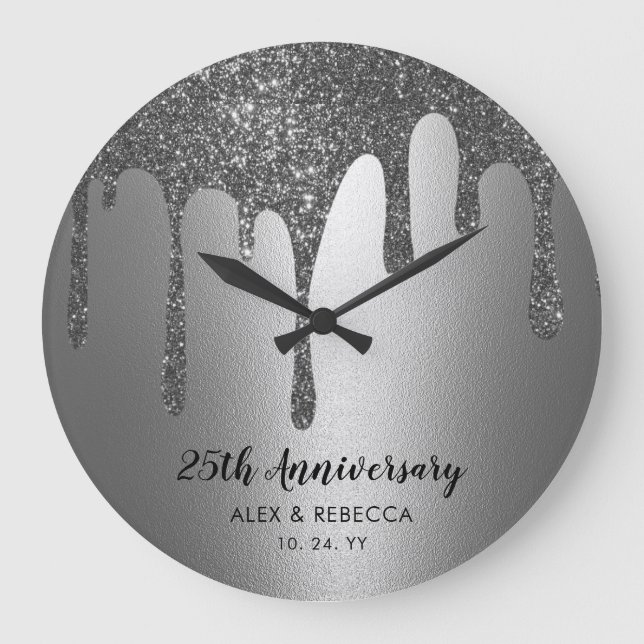 Grande Horloge Ronde Texte personnalisé Silver Drips 25e anniversaire d (Recto)