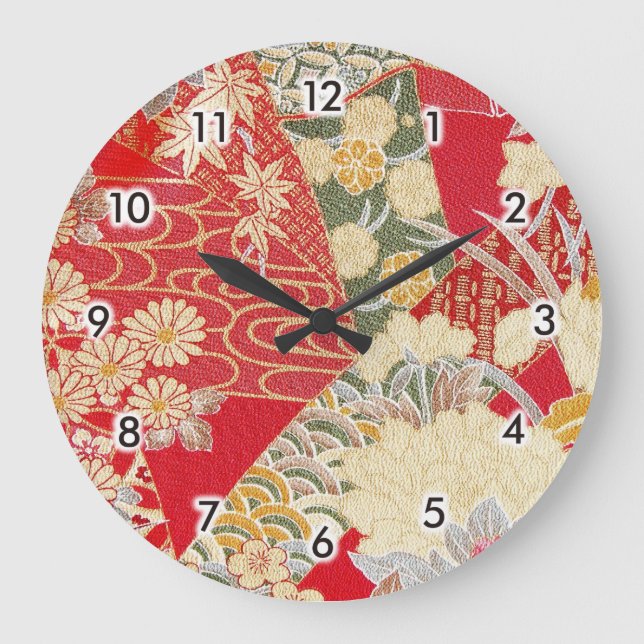 Grande Horloge Ronde Textile japonais de KIMONO, motif floral (Recto)