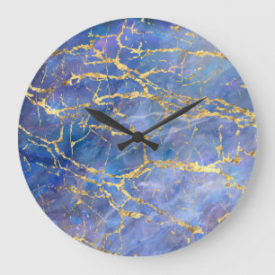 Grande Horloge Ronde Texture Abstraite en marbre bleu