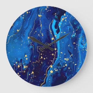 Grande Horloge Ronde Texture de marbre bleu or luxueux