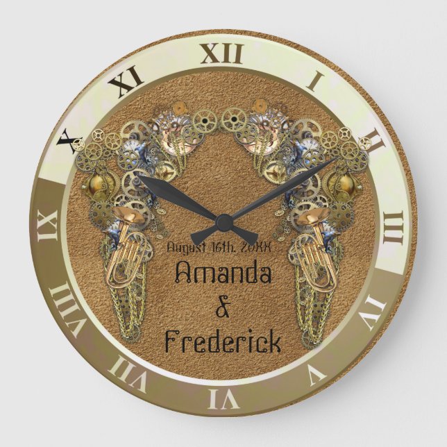 Grande Horloge Ronde Texture de suède avec sculptures Steampunk (Recto)