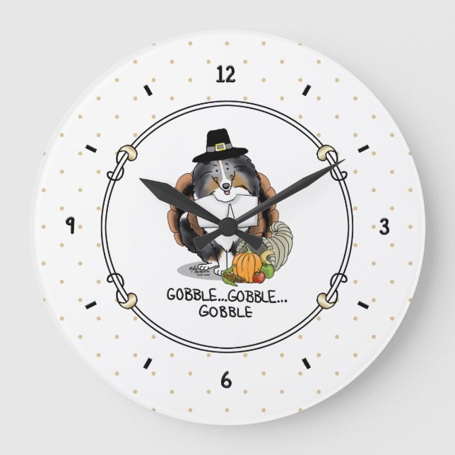 Grande Horloge Ronde Thanksgiving Shetland Sheepdog (merle bleu) Drôle (Recto)