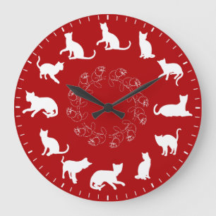 Grande Horloge Ronde Thèmes de silhouettes de chat blanc mignon unique