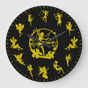 Grande Horloge Ronde Thèmes de silhouettes dorées de fées uniques et mi