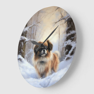 Grande Horloge Ronde Tibetan Spaniel Qu'il neige Noël