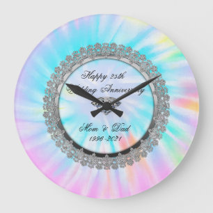 Grande Horloge Ronde Tie Dye Diamant 25e Anniversaire de Mariage Argent