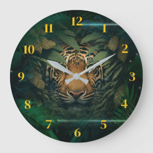 Grande Horloge Ronde Tigre se cachant dans le feuillage                