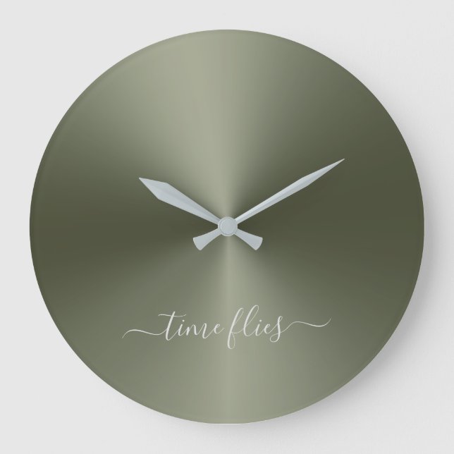 Grande Horloge Ronde Time Flies Army Green Metallic Style acrylique (Recto)