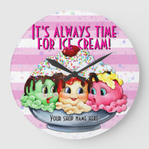 Grande Horloge Ronde Time for ice cream.hand painted.pink.dot.stripes