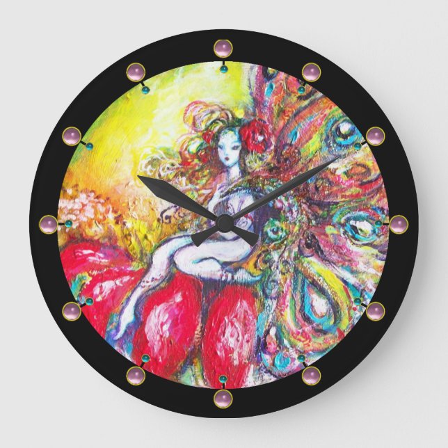 Grande Horloge Ronde TITANIE ASSIS SUR UN Imaginaire À FLEURS ROUGES (Recto)