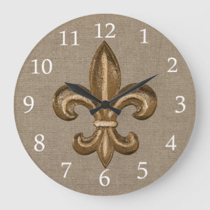 Grande Horloge Ronde Toile de jute de Gold Fleur de Lis Faux