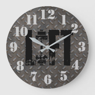 Grande Horloge Ronde Tôle d'acier diamantée LIFT de style industriel