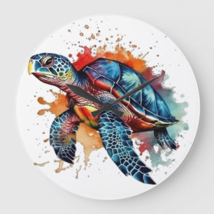 Grande Horloge Ronde tortue colorée en aquarelle